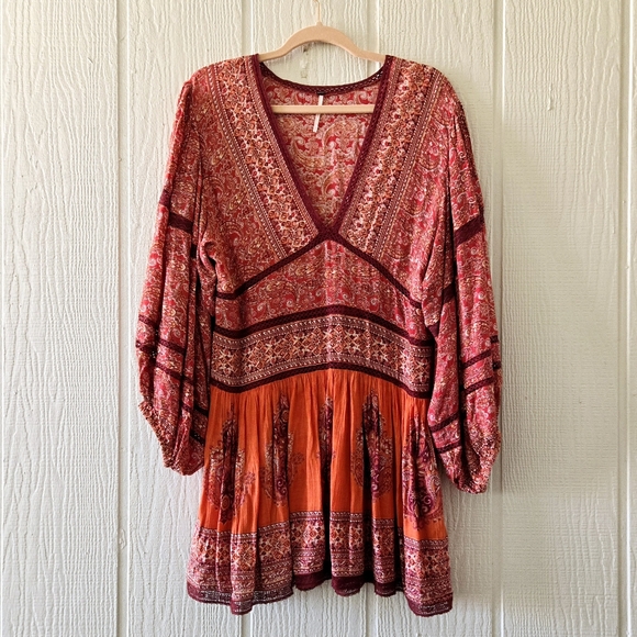 FREE PEOPLE Luna Boho Gypsy India Print V Neck Peasant Dress Orange Red Small - Picture 2 of 13